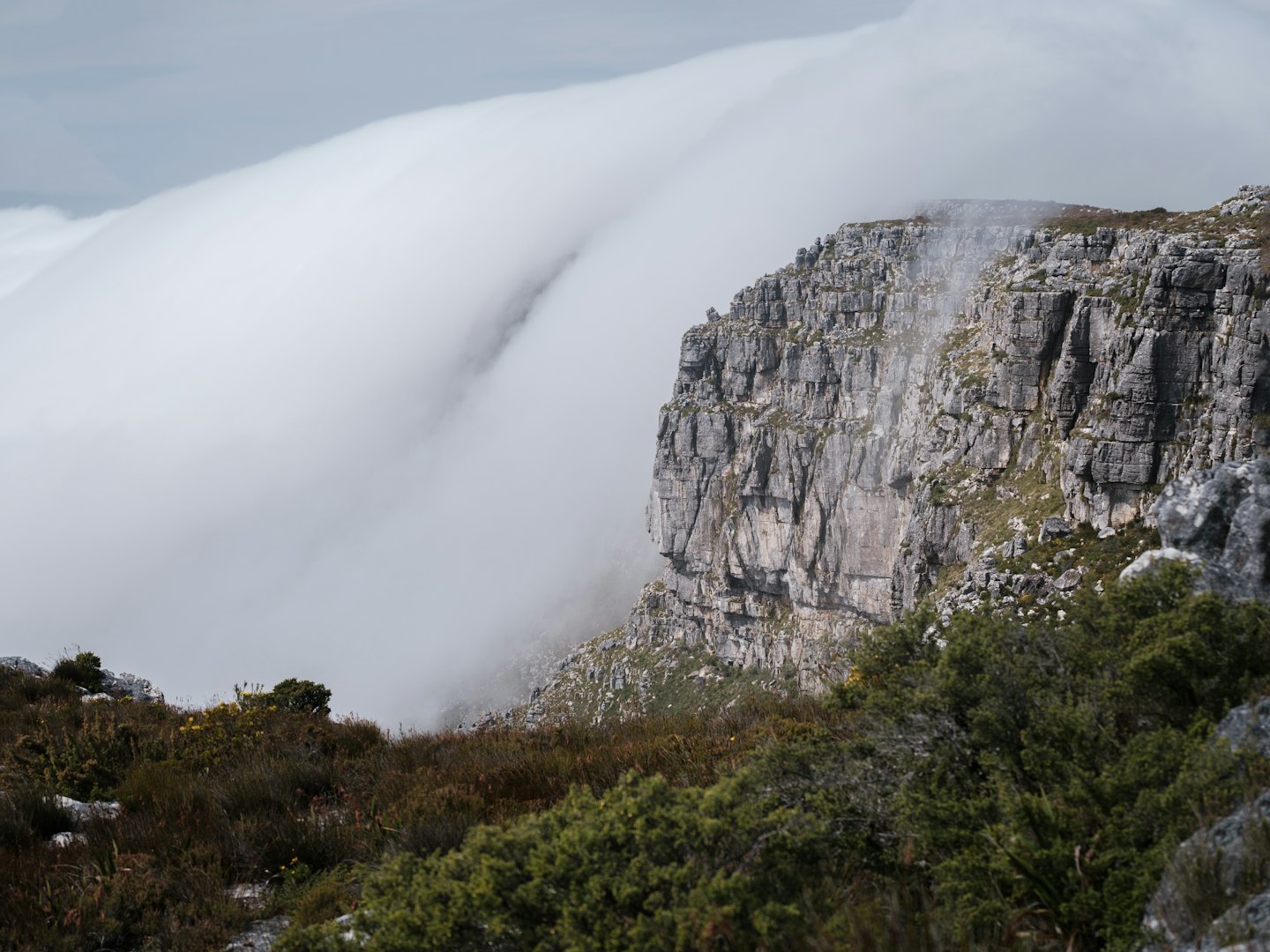 Parete rocciosa grigia coperta da nuvole bianche con vegetazione rada.